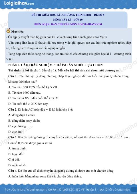 Đề thi giữa học kì 1 Vật lí 10 Kết nối tri thức - Đề số 8